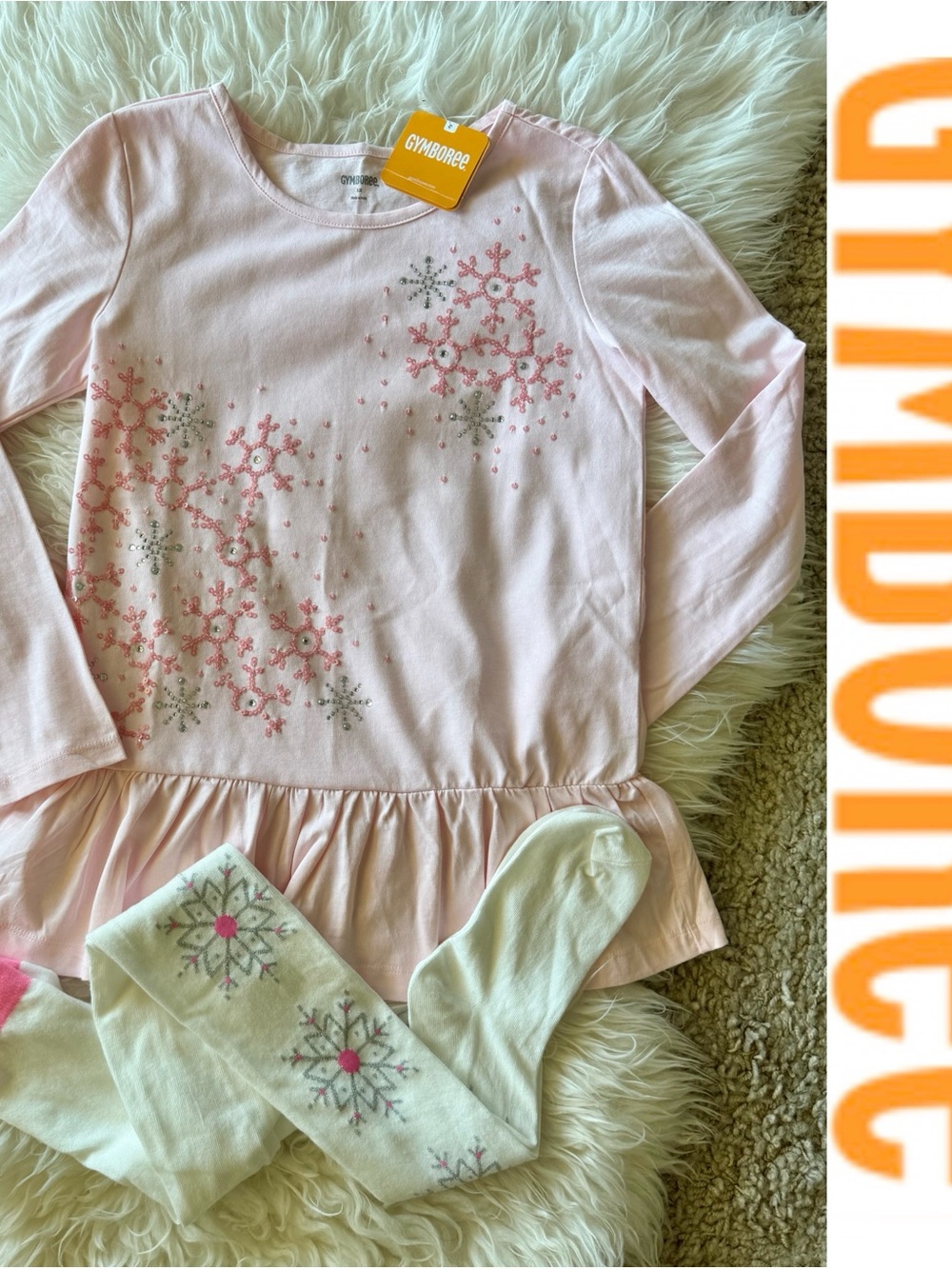 Gymboree snow flake pink sequin cotton top with ruffle hem & stockings set*NEW